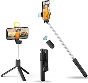 R1s Bluetooth Selfie Sticks with Remote and Selfie Light, 3-in-1 Multifunctional Selfie Stick Tripod Stand Mobile Stand Compatible with All Phones (Black)