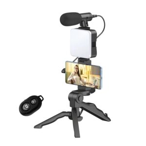 Vlogging Kit 6 in 1 for iPhone, Android (with Tripod), Mini LED + Cardioid Microphone + Phone Clip + Tripod for Live Broadcasting, Video Calling, Vlogging, YouTube, Instagram (T-6.1)